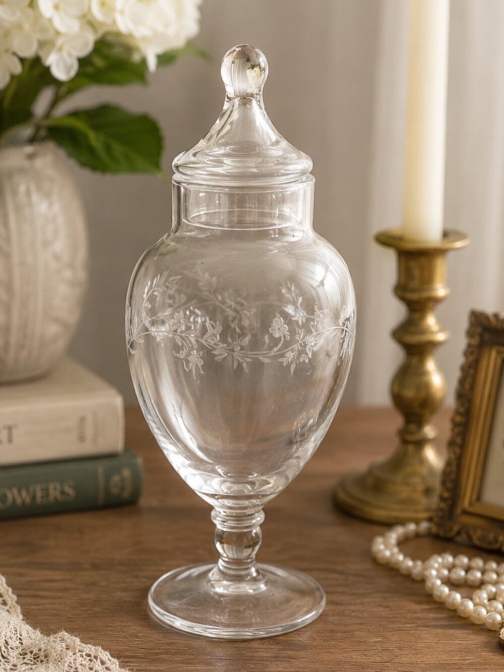 VTG Etched Floral Glass Apothecary Jar w/ Lid Clear Candy Jar Vanity Storage 10"